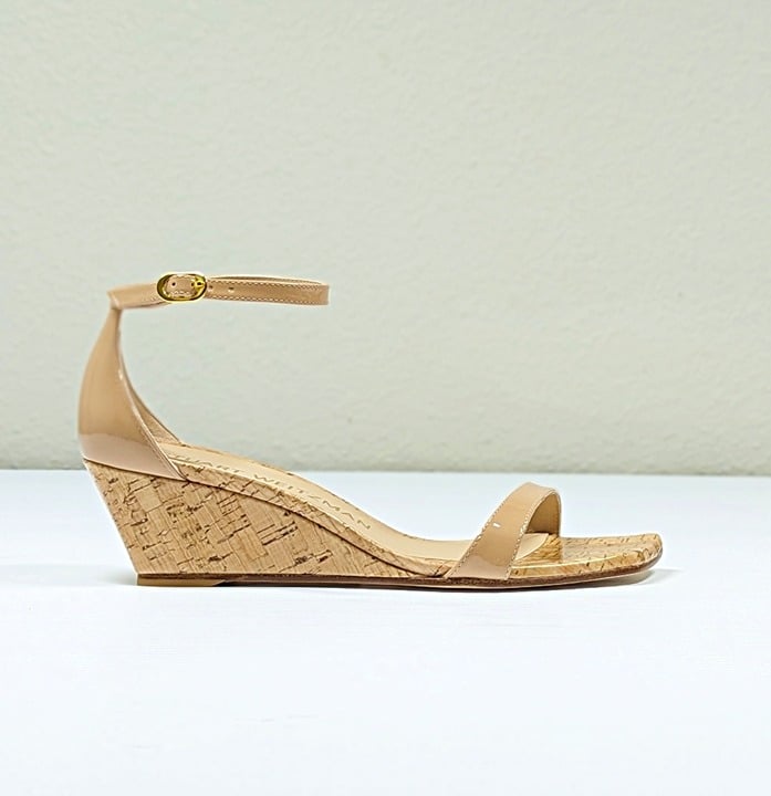 Stuart Weitzman Women's Nudistcurve Ankle Strap Wedge Sandals Size 38 MSRP $395