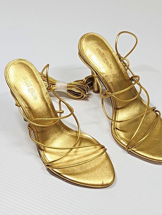 Cult Gaia Women's Soleil Lace Up High Heel Sandals Gold Size 38.5 EU (MSRP $388)