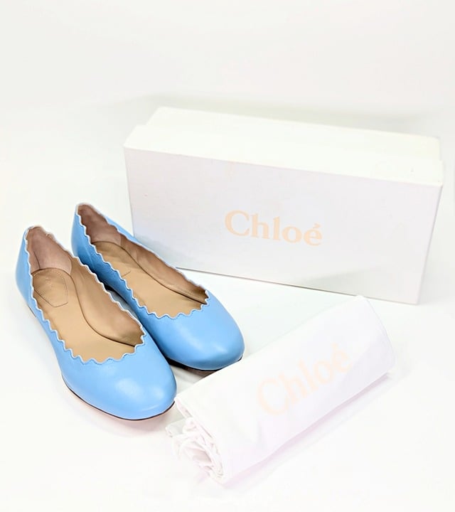 Chloe Women's Lauren Ballet Flats in Aquatic Blue Size 37.5 W (MSRP $550)