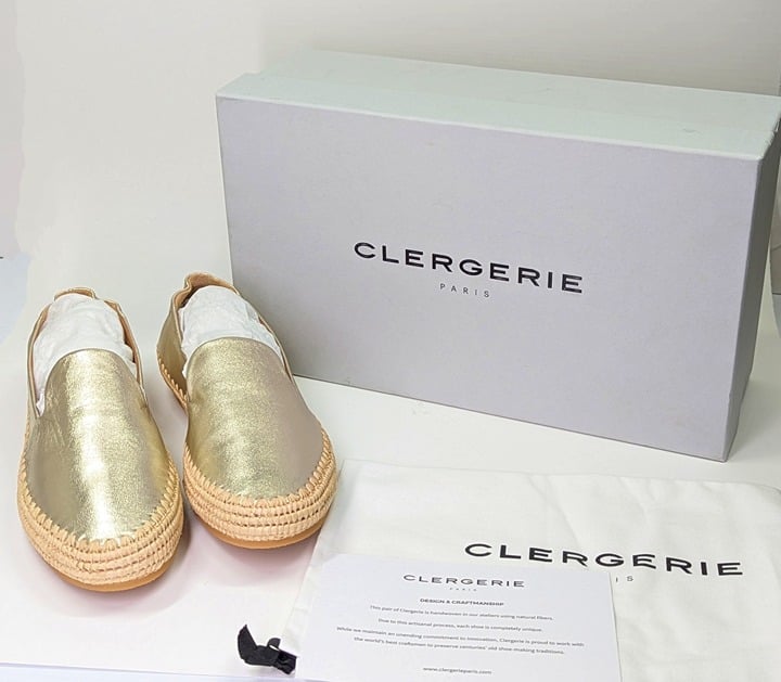 Clergerie Irmis2 Women's Gold Leather Espadrille Flats Size 8 (MSRP $345)