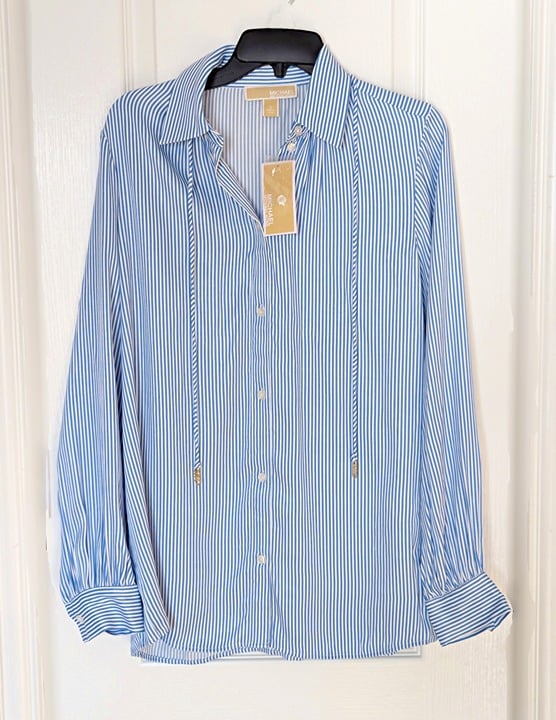 Michael Kors Women's Pinstriped Satin Blouse Blueberry Size S (MSRP $195)