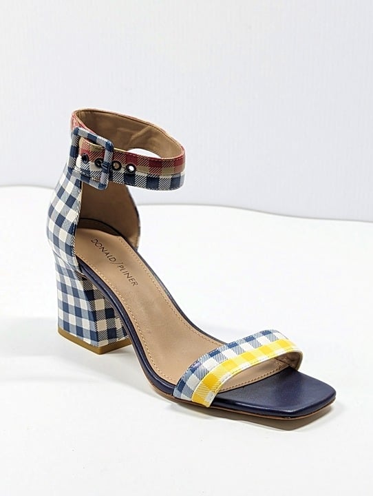 Donald Pliner Women's Watson Gingham-Print Leather Heel Sandal Size 9 MSRP $198