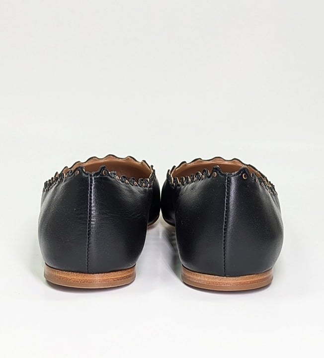 Chloe Women's Lauren Ballet Flats Black Scallop Leather Size 38.5 (MSRP $595)
