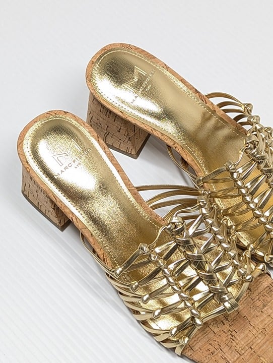 Marc Fisher Women's Colica Leather Knotted Heel Sandals Gold Size 10 MSRP $120