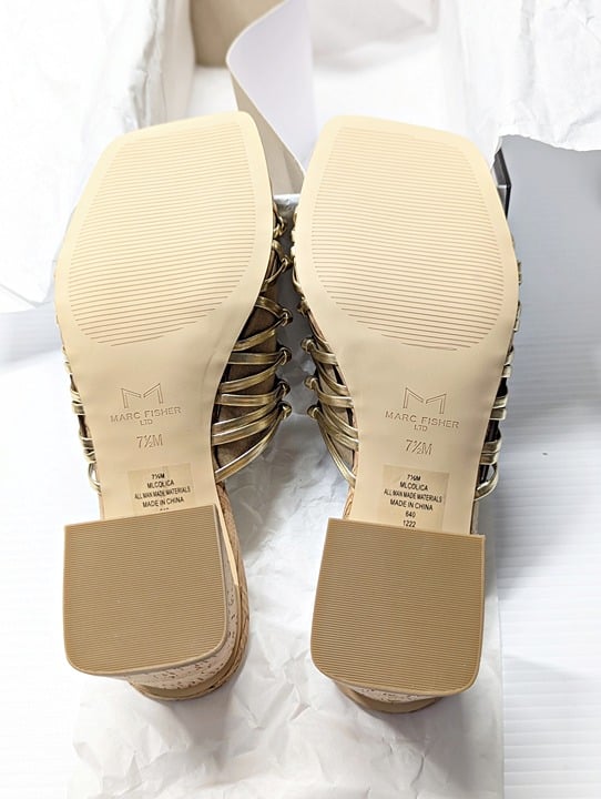 Marc Fisher Women's Colica Leather Knotted Heel Sandals Gold Size 7.5 MSRP $120