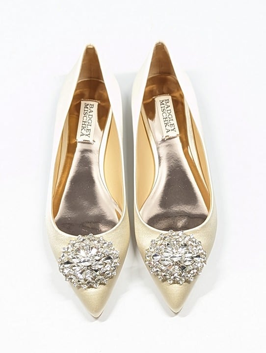 Badgley Mischka Women's Davis Embellished Ivory Satin Flats Size 6.5 (MSRP $195)