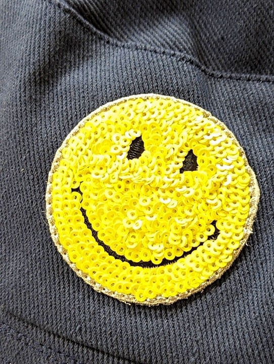 Jocelyn Women's Sequined Smiley Patch Bucket Hat in Navy O/S (MSRP $65)