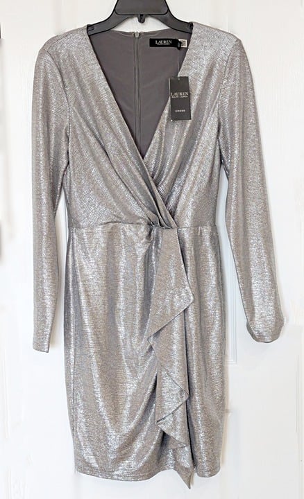 Ralph Lauren Women's Metallic Knit Surplice Cocktail Dress Size 8 (MSRP $245)
