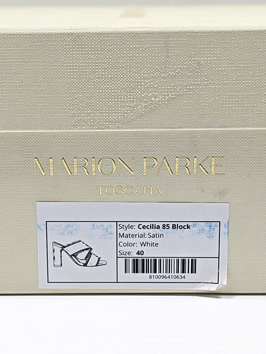 Marion Parke Cecilia Women's White Satin Fringe Heel Sandals Size 40 (MSRP $575)