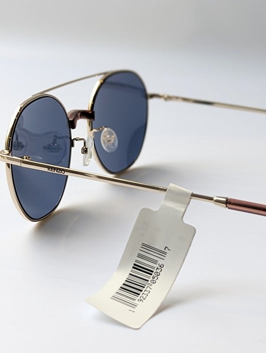 Kenzo KZ40097U Unisex Brow Bar Round Metal Gold & Blue Lens Sunglasses MSRP $180