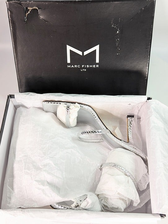 Marc Fisher Women's Dalida Embossed Silver Strappy Sandals Size 9 (MSRP $99)