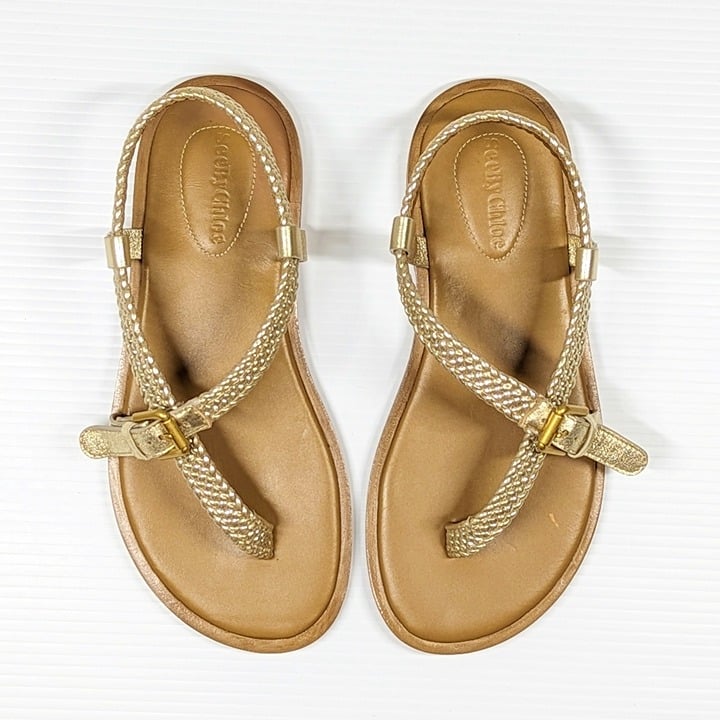 See by Chloé Women's Nola Gold Braided Strap Thong Sandals Size 37 (MSRP $325)