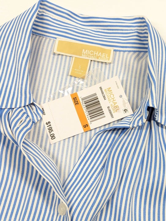 Michael Kors Women's Pinstriped Satin Blouse Blueberry Size S (MSRP $195)