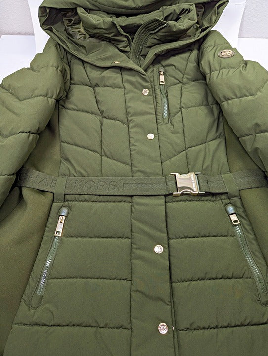 Michael Kors Women's Plus Size Belted Olive Hooded Puffer Coat Size 1X MSRP $350