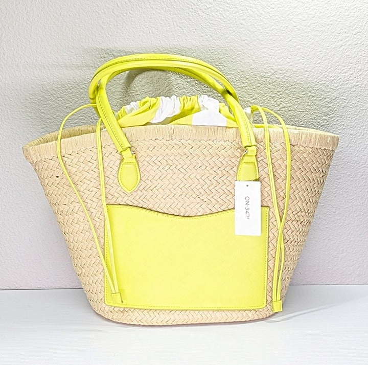 On 34th Isabellaa Women's Straw Medium Drawstring Tote Lime Stripe (MSRP $130)