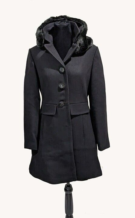 Kate Spade Double Breasted Faux Fur Trim Coat Black Size S MSRP $358