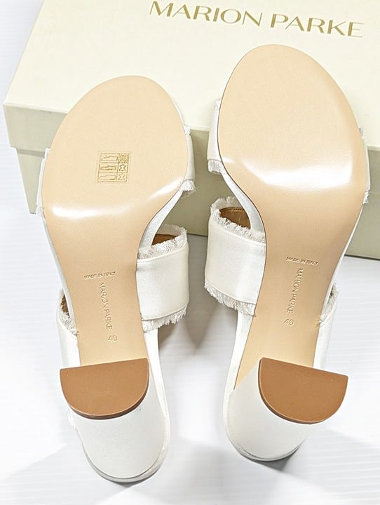 Marion Parke Cecilia Women's White Satin Fringe Heel Sandals Size 40 (MSRP $575)