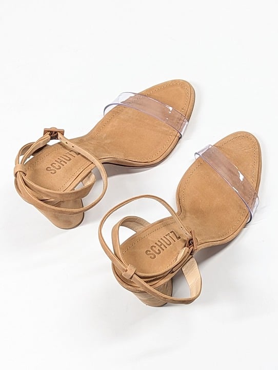 Schutz Women's Geisy Suede Illusion Ankle Strap Heel Sandals Size 6.5 MSRP $180