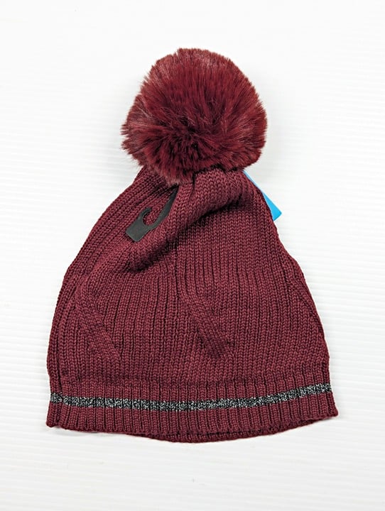 Isotoner Signature Women's Plum Reflective Stripe Pom Beanie O/S (MSRP $36)
