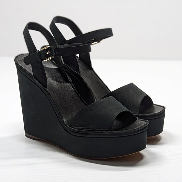 Joie Hindy Women's Platform Wedge Sandal Black Leather Size 8 M (MSRP $298)