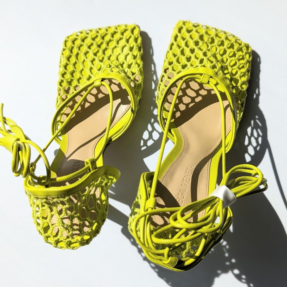 Bottega Veneta Women's Mesh High Heel Stretch Sandals Kiwi Size 36.5 MSRP $1,100