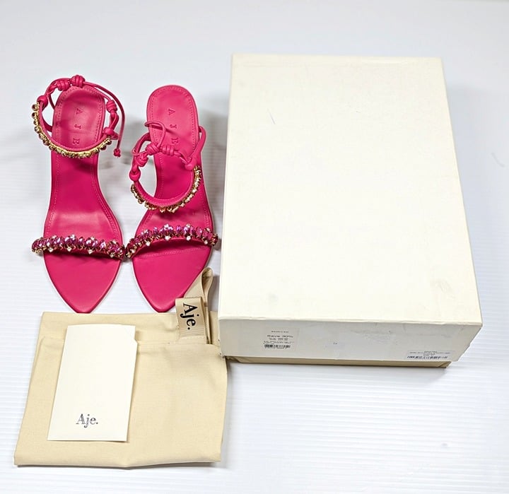 Aje Women's Jewel Sculptural Strappy Heel Fuchsia Pink Size 37 EU (MSRP $325)