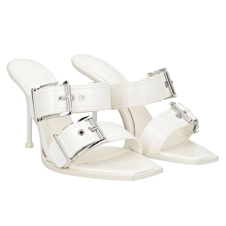 Alexander McQueen Women's White Double Buckle Punk Mules Size 41 (MSRP $1,090)