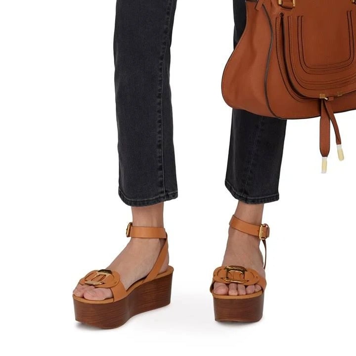 See by Chloé Women's Chany Logo Tan Wedge Platform Sandals Size 37 (MSRP $495)