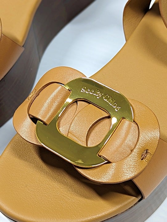 See by Chloé Women's Chany Logo Tan Wedge Platform Sandals Size 37 (MSRP $495)