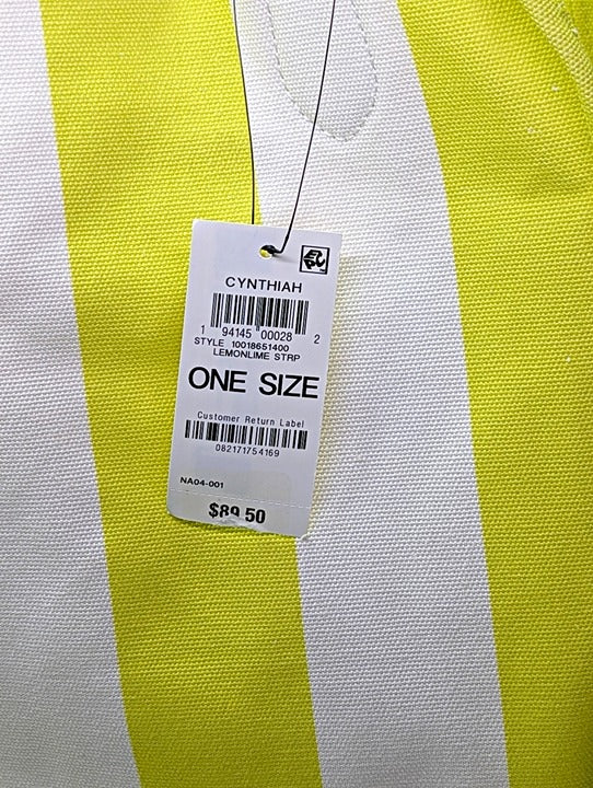 On 34th Cynthiah Extra Large Canvas Shoulder Tote Bag Lemonlime Stripe MSRP $90
