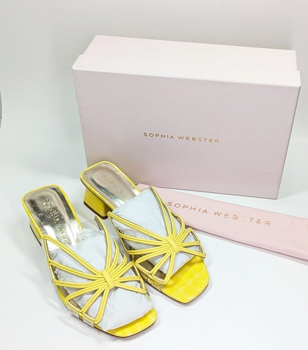 Sophia Webster Women's Havanna Low Heel Mule Sandals Lemon Size 39 (MSRP $650)