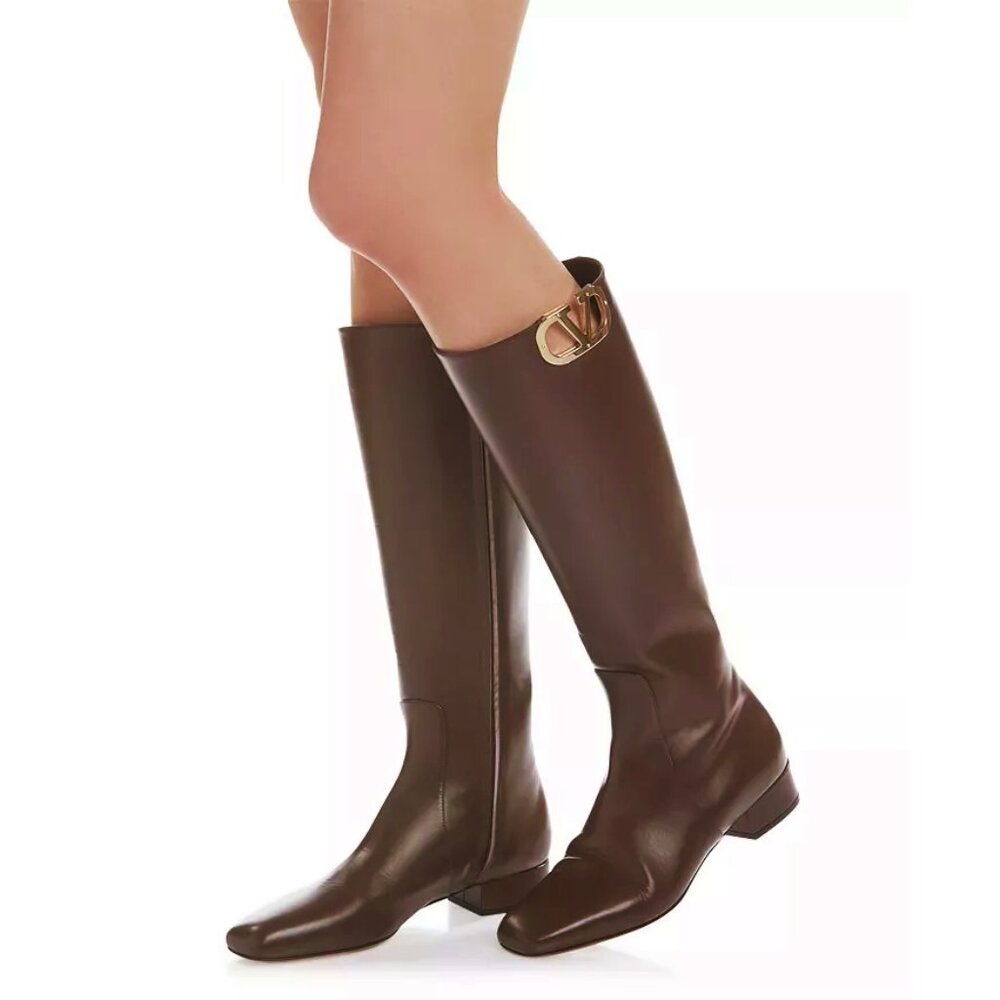 Valentino Garavani Womens Vlogo Medallion Calfskin Knee Boot Size 41 MSRP $2,190