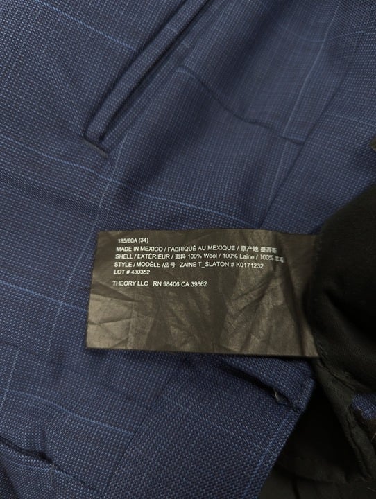 Theory Men's Mayer Prestige Navy Plaid Regular Fit Suit Pants Size 34 MSRP $225