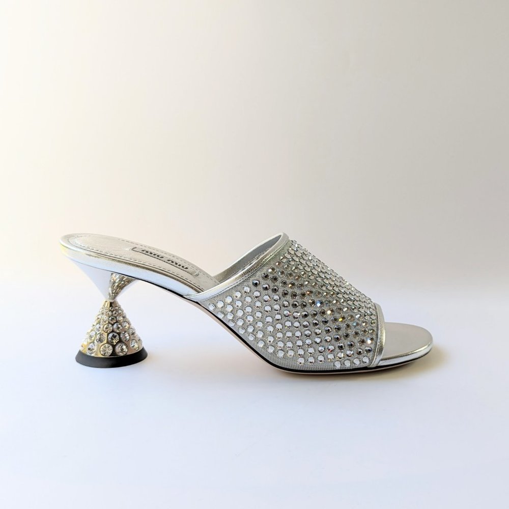 Miu Miu Women's Embellished Slide Heel Sandals Argento Size 38 (MSRP $1,200)
