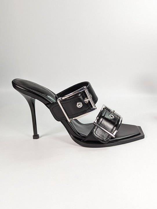 Alexander McQueen Women's Heeled Buckle Black Sandals Size 37 (MSRP $1,090)