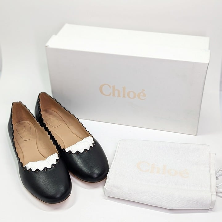 Chloe Women's Lauren Ballet Flats Black Scallop Leather Size 38.5 (MSRP $595)