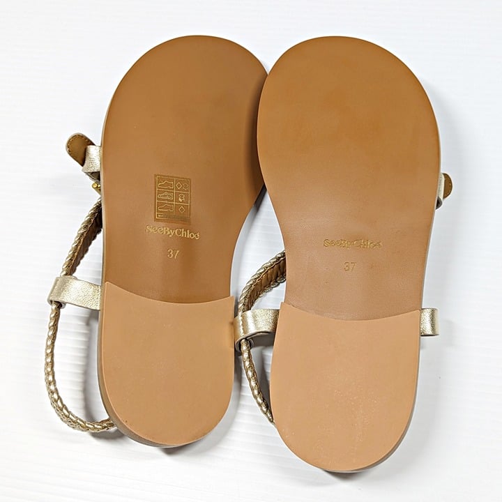 See by Chloé Women's Nola Gold Braided Strap Thong Sandals Size 37 (MSRP $325)