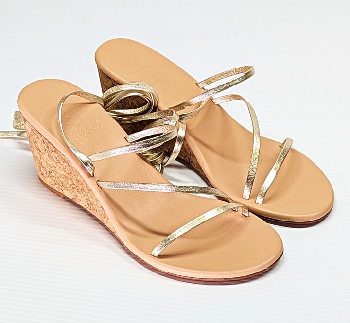 Ancient Greek Sandals Lithi Metallic Leather Wedge Sandals Size 39 (MSRP $370)