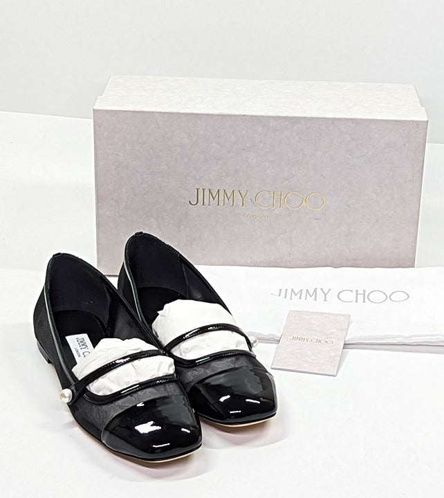 Jimmy Choo Elisa Women's Ballet Flats Patent and Mesh Black Size 38 (MSRP $795)