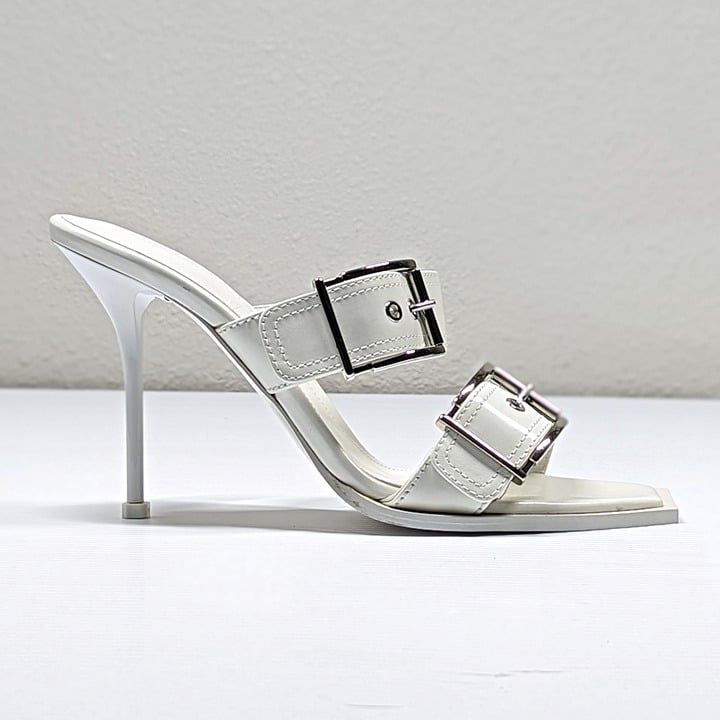 Alexander McQueen Women's White Double Buckle Punk Mules Size 41 (MSRP $1,090)