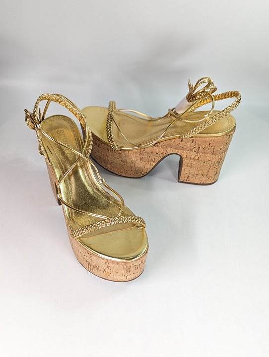 Schutz Women's Maxima Cutout Metallic Platform Sandal Size 7.5 B (MSRP $148)