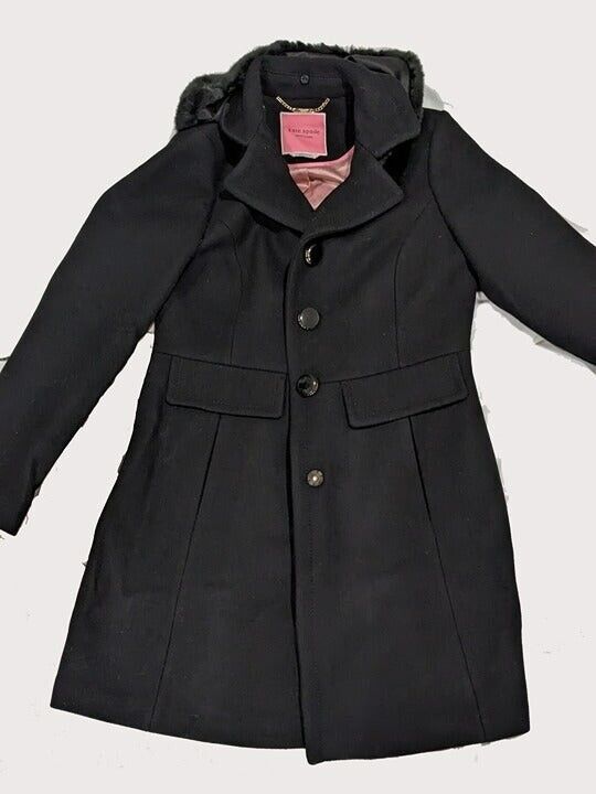 Kate Spade Double Breasted Faux Fur Trim Coat Black Size S MSRP $358