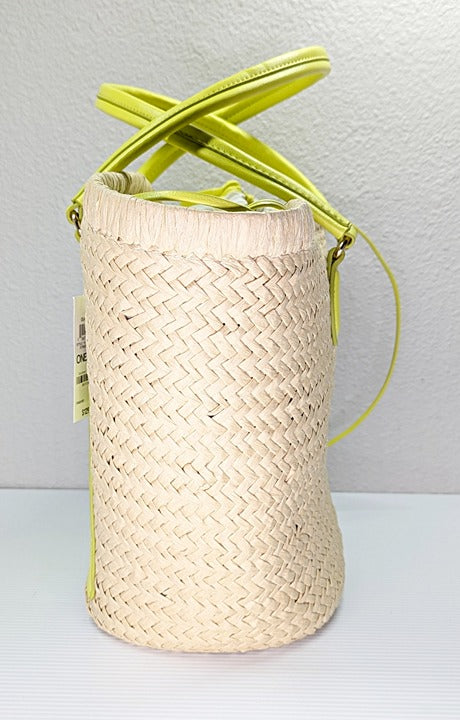On 34th Isabellaa Women's Straw Medium Drawstring Tote Lime Stripe (MSRP $130)