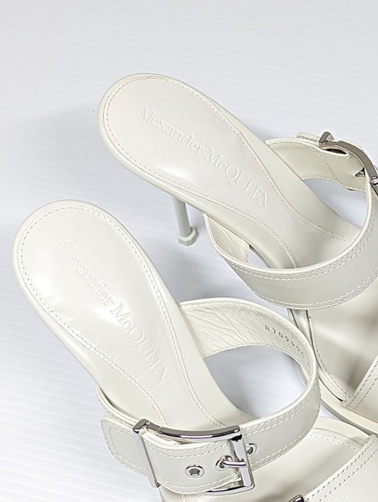 Alexander McQueen Women's White Double Buckle Punk Mules Size 41 (MSRP $1,090)
