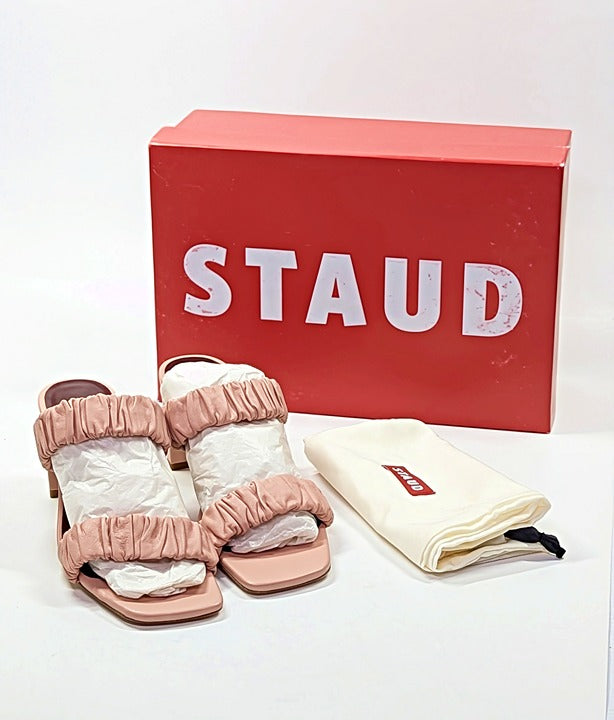 STAUD Women's Frankie Ruched Sandals Dark Blush Leather Size 37 (MSRP $325)