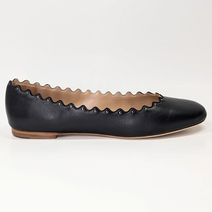 Chloe Women's Lauren Ballet Flats Black Scallop Leather Size 38.5 (MSRP $595)