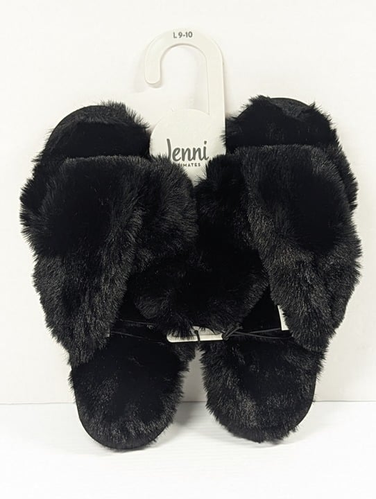 Jenni Women's Crisscross Faux Fur Slippers Pinwheel Black Size L (9-10) MSRP $35
