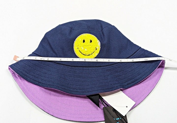 Jocelyn Women's Sequined Smiley Patch Bucket Hat in Navy O/S (MSRP $65)
