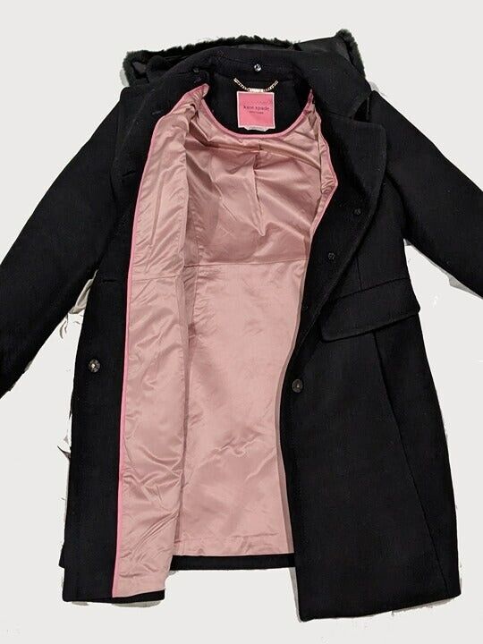 Kate Spade Double Breasted Faux Fur Trim Coat Black Size S MSRP $358