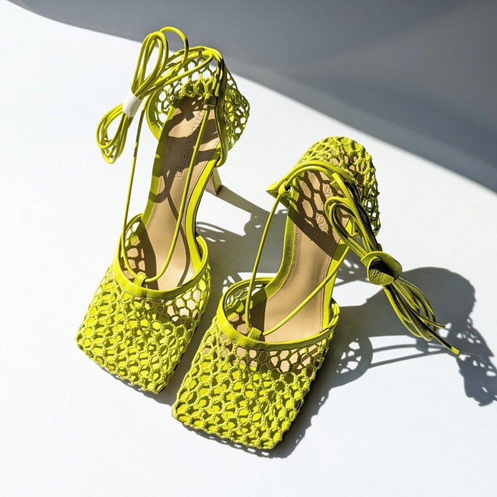 Bottega Veneta Women's Mesh High Heel Stretch Sandals Kiwi Size 36.5 MSRP $1,100